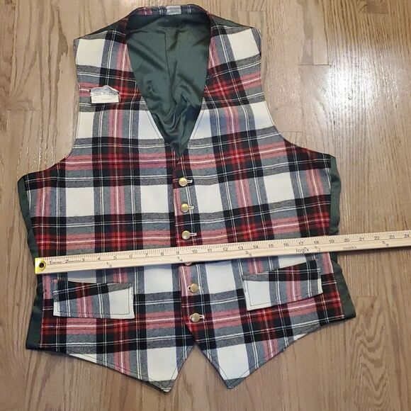 VINTAGE WOOL PLAID HOLIDAY VEST RED GREEN WHITE GOLD BUTTONS WOMEN'S L XL FLAWS - Picture 7 of 13